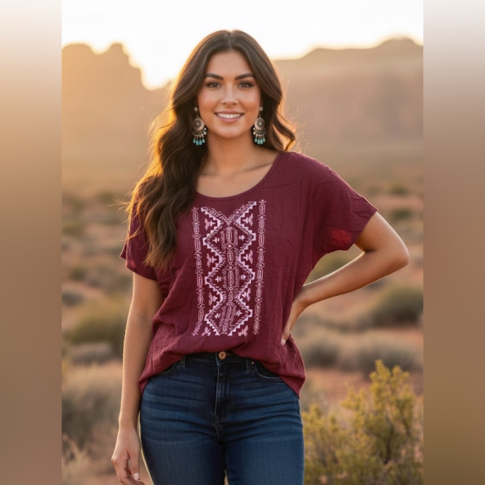 Live fire short sleeve aztec embroidery tops womens size large boho western indi